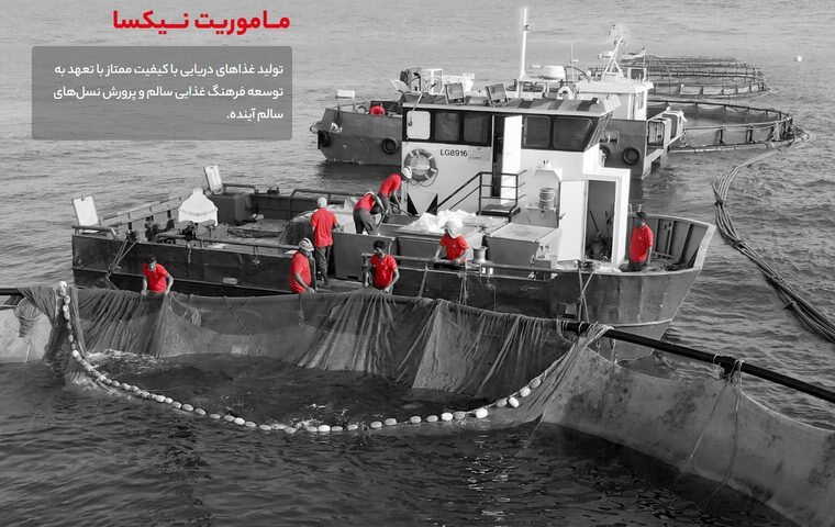 شناور نیکسا و کارکنان در کنار قفسهای پرورش ماهی